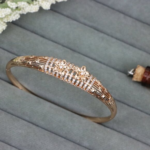 Elegant Rose Gold Bangle with Twin Floral Diamond Accents, XPBL0588 - Picture 11 of 12